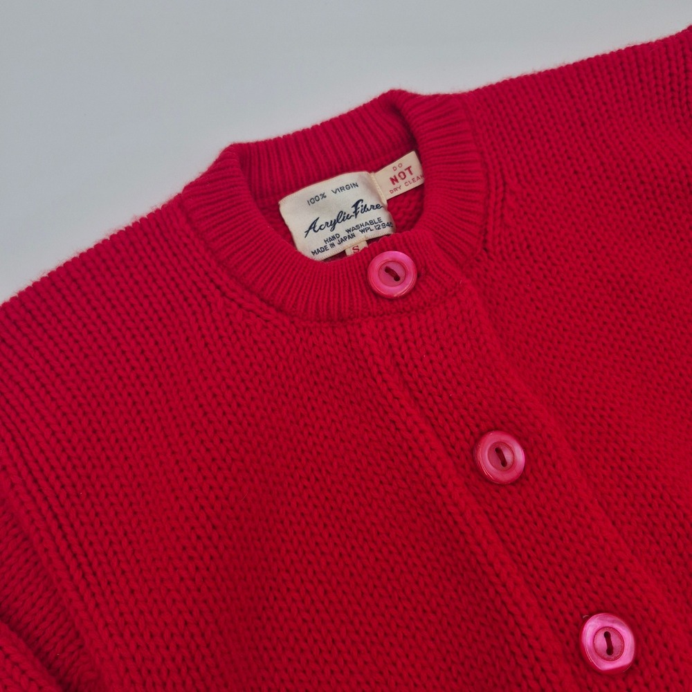 Vintage Red Acrylic Fibre Knit Cardigan Sweater Made in Japan Womens Small
